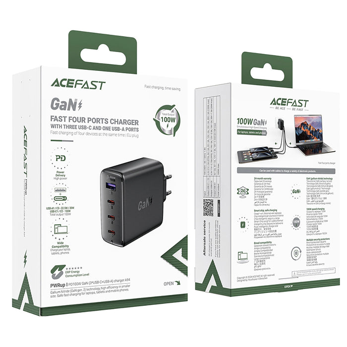 Зарядно Acefast A94, GaN2, USB-A / 3x USB-C, PD, 100W, чено