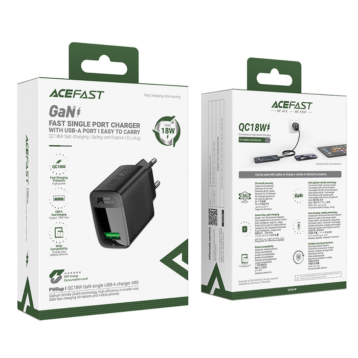 Зарядно Acefast A90, GaN, USB-A QC 18W,