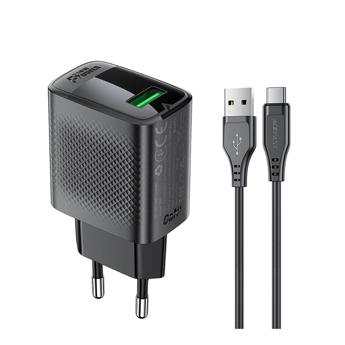 Зарядно с кабел Acefast A90, GaN, USB-A QC, 18W, + USB-A / USB-C, черно