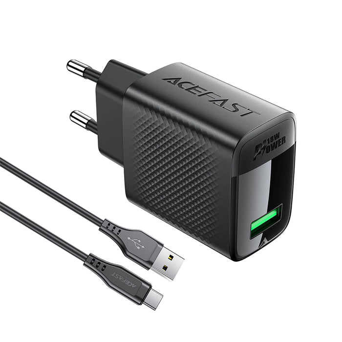 Зарядно с кабел Acefast A90, GaN, USB-A QC, 18W, + USB-A / USB-C, черно