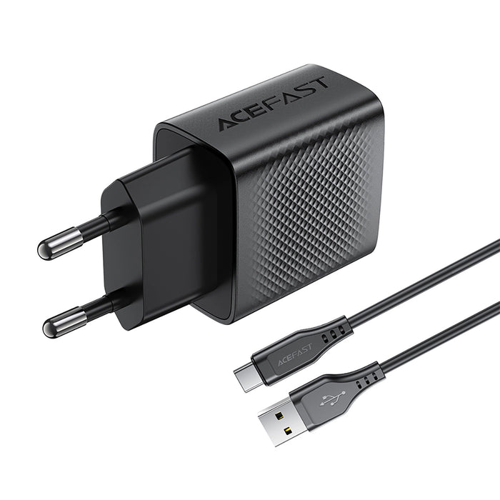 Зарядно с кабел Acefast A90, GaN, USB-A QC, 18W, + USB-A / USB-C, черно