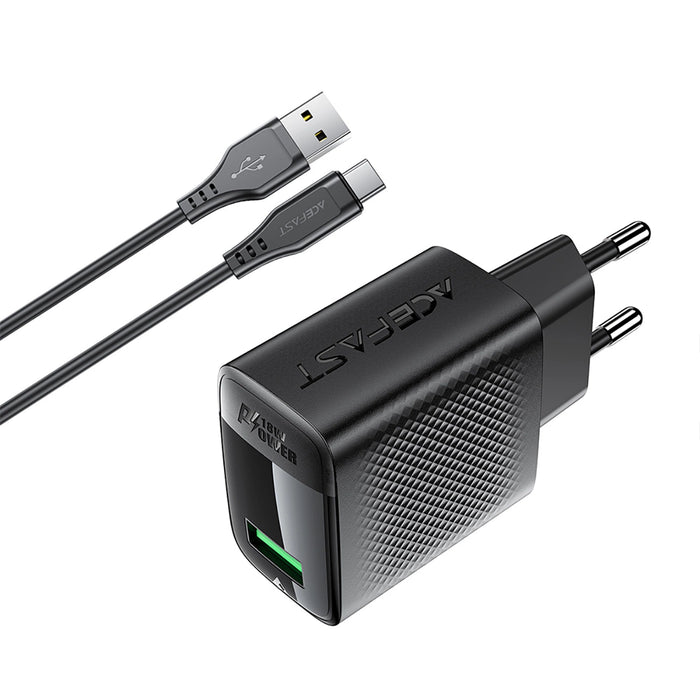 Зарядно с кабел Acefast A90, GaN, USB-A QC, 18W, + USB-A / USB-C, черно