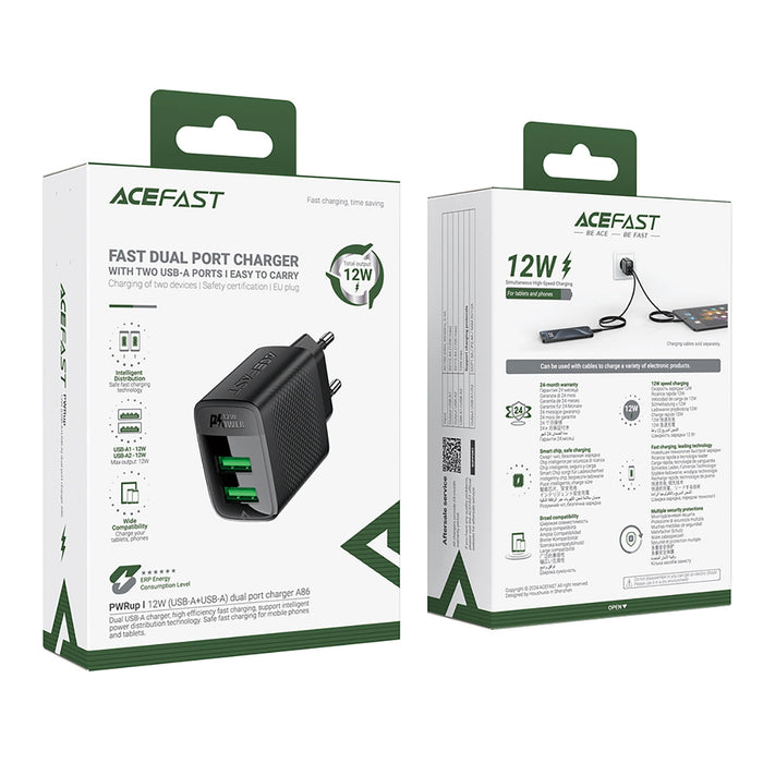 Зарядно Acefast A86, 2x USB-A, 12W, черно