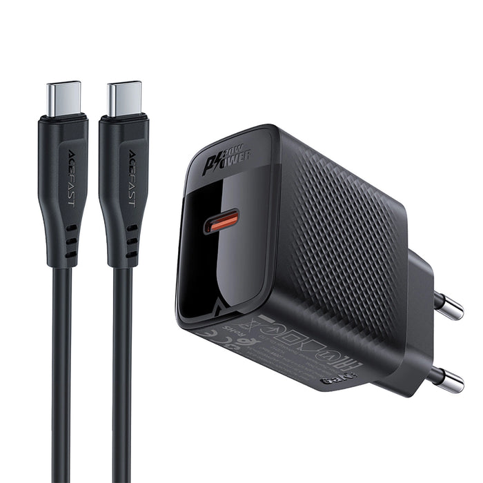 Зарядно с кабел Acefast A82, GaN, USB-C, PD, 20W, + USB-C / USB-C, черно