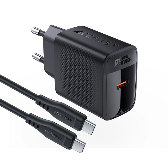 Зарядно с кабел Acefast A82, GaN, USB-C, PD, 20W, + USB-C / USB-C, черно