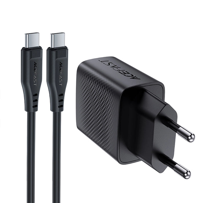 Зарядно с кабел Acefast A82, GaN, USB-C, PD, 20W, + USB-C / USB-C, черно