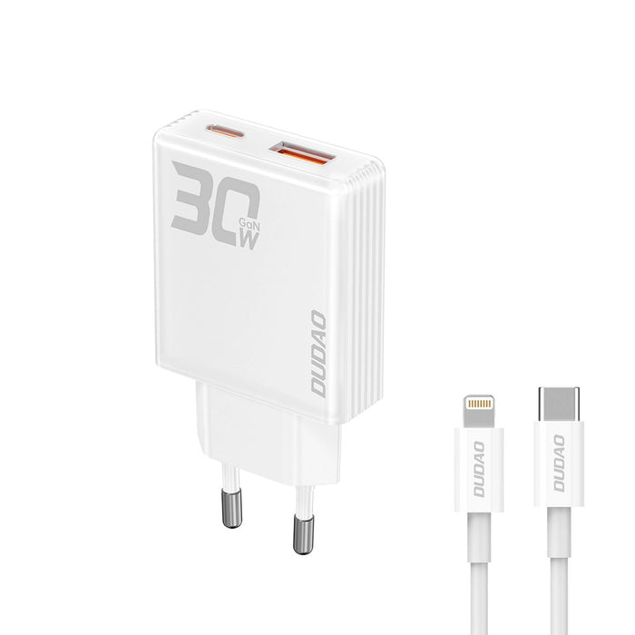 Зарядно с кабел Dudao A30EUL, 30W, USB-A / USB-C, GaN, USB-C / Lightning, бяло