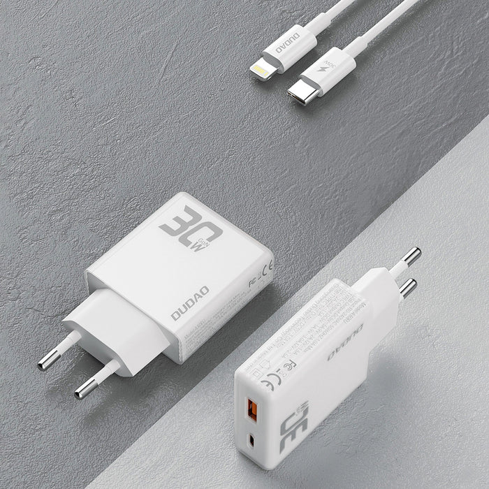 Зарядно с кабел Dudao A30EUL, 30W, USB-A / USB-C, GaN, USB-C / Lightning, бяло