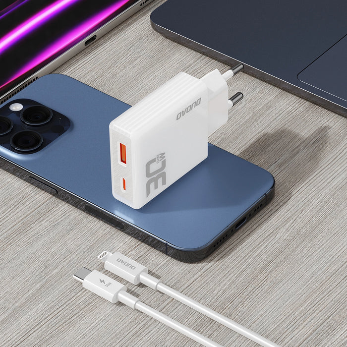 Зарядно с кабел Dudao A30EUL, 30W, USB-A / USB-C, GaN, USB-C / Lightning, бяло