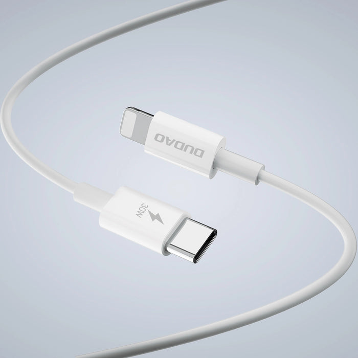 Зарядно с кабел Dudao A30EUL, 30W, USB-A / USB-C, GaN, USB-C / Lightning, бяло