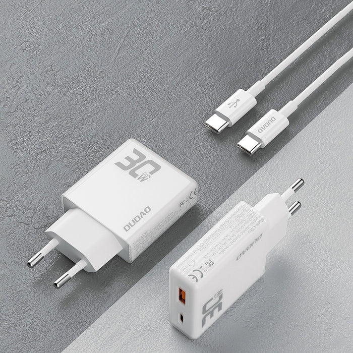 Зарядно с кабел Dudao A30EUT, 30W ,USB-A / USB-C, GaN, USB-C / USB-C, бяло