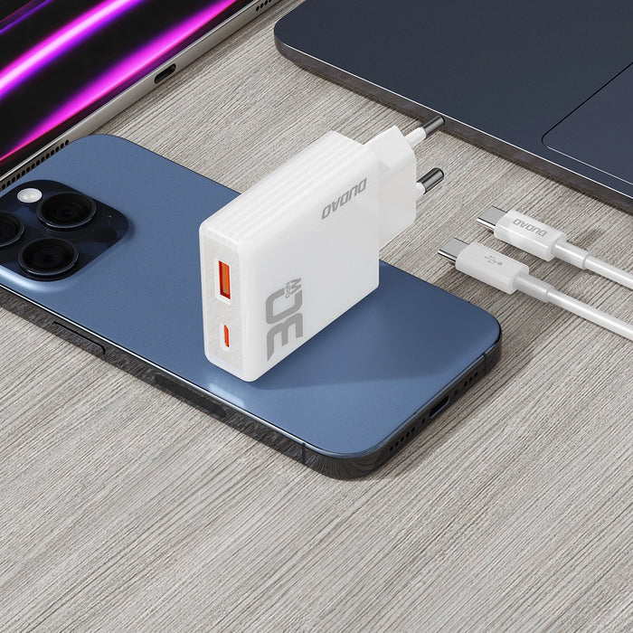 Зарядно с кабел Dudao A30EUT, 30W ,USB-A / USB-C, GaN, USB-C / USB-C, бяло