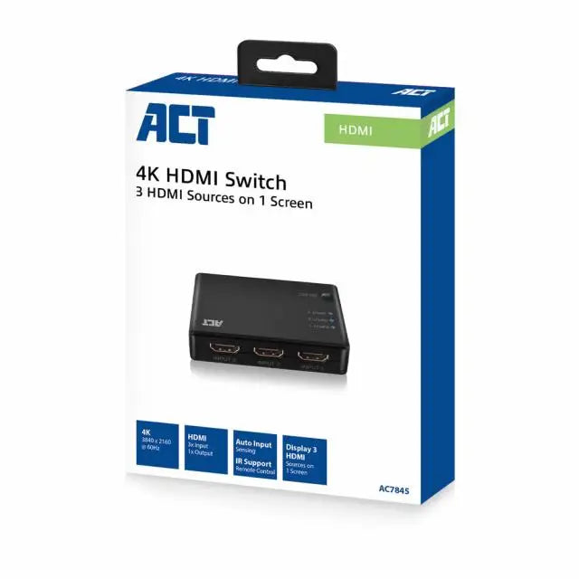 3 портов HDMI суич ACT AC7845 4K@60Hz USB Дистанционно Черен