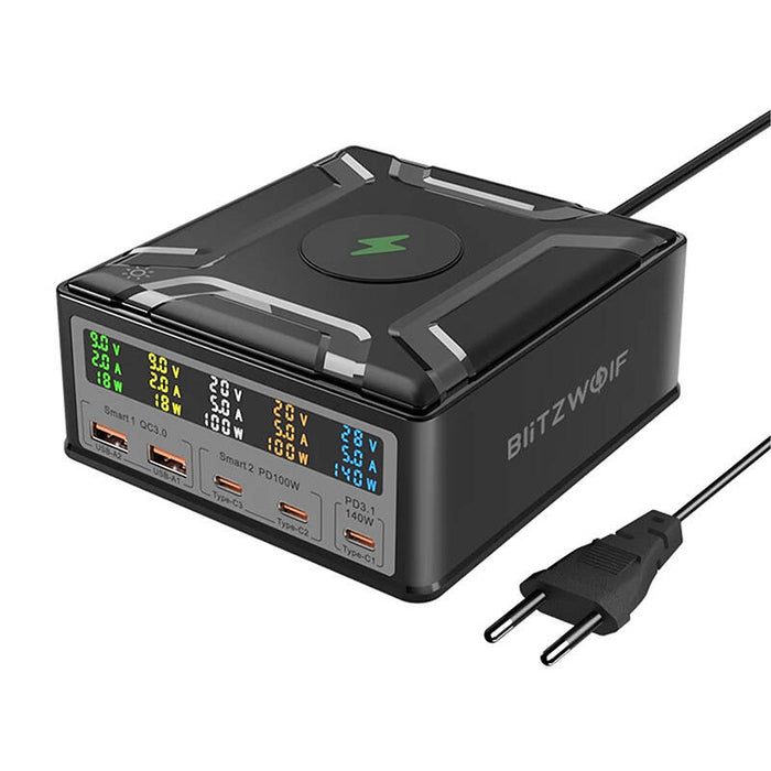 Безжично зарядно Blitzwolf BW-S28, 260W, 2xUSB-A, 3xUSB-C, 15W, черно