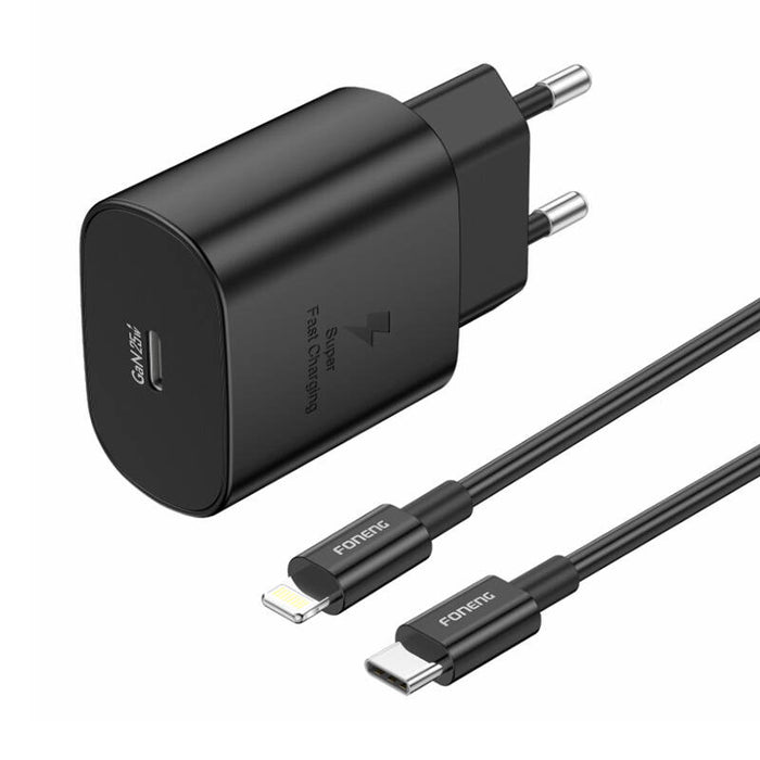 Зарядно с кабел Foneng EU51, USB-C, 25W, USB-C / Lightning, черно