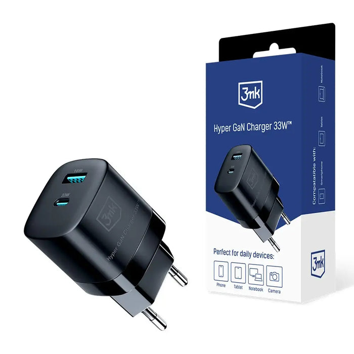 Адаптер 3mk Hyper Charger GaN 33W USB-C USB-A черен