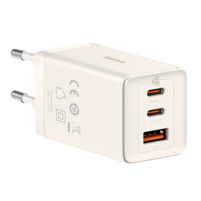 Адаптер Baseus GaN5 2x USB-C + USB 65W + кабел 1m бял