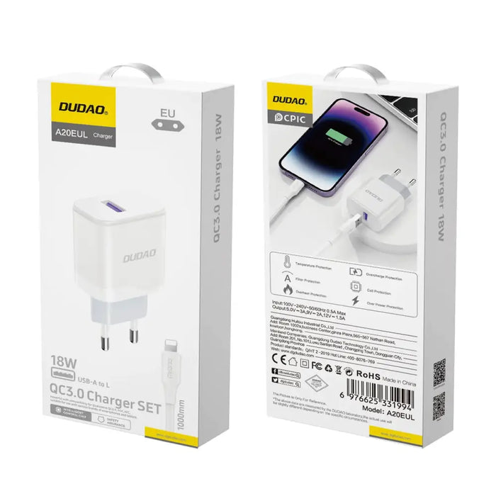 Адаптер Dudao A20EU USB - A 18W бял + Lightning кабел