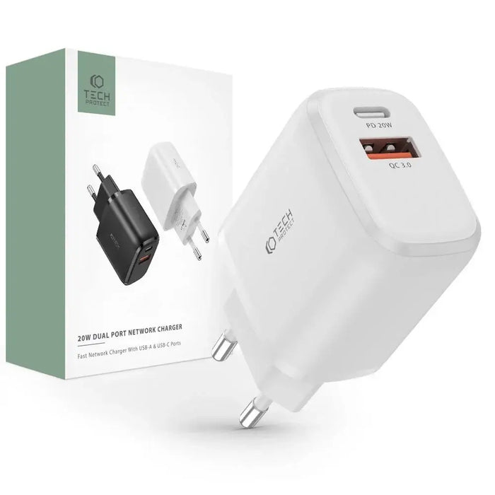 Адаптер Tech-Protect C20W USB-C PD 20W / USB-A QC 3.0 бял