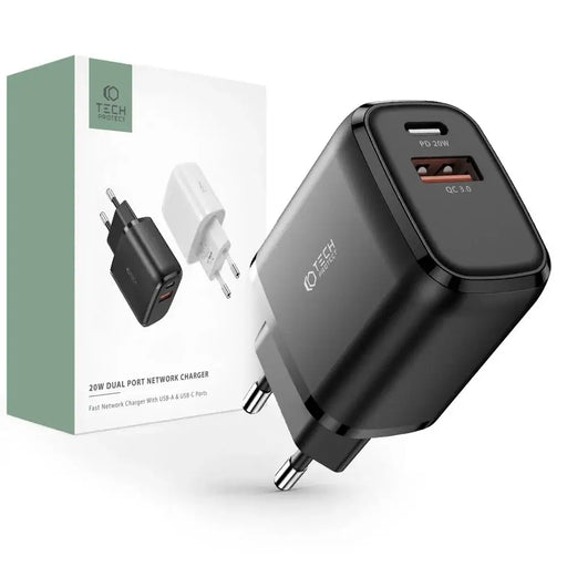 Адаптер Tech-Protect C20W USB-C PD 20W / USB-A QC 3.0 черен