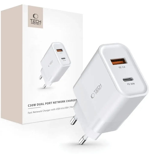 Адаптер Tech-Protect C30W USB-C PD 30W / USB-A QC 3.0 бял