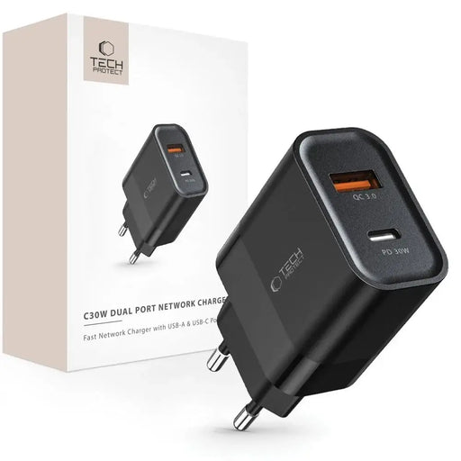 Адаптер Tech-Protect C30W USB-C PD 30W / USB-A QC 3.0 черен