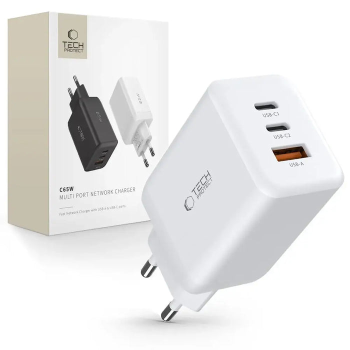 Адаптер Tech-Protect C65W 2x USB-C PD 65W / USB-A QC 3.0 бял