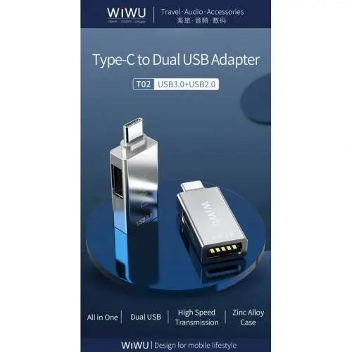 Адаптер WIWU T02 Type - C към 2xUSB 3.0 сребрист