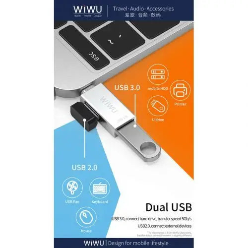 Адаптер WIWU T02 Type - C към 2xUSB 3.0 сребрист