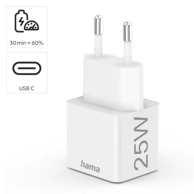 Бързо мини зарядно HAMA 220V USB-C PD/Qualcomm 25W Бял