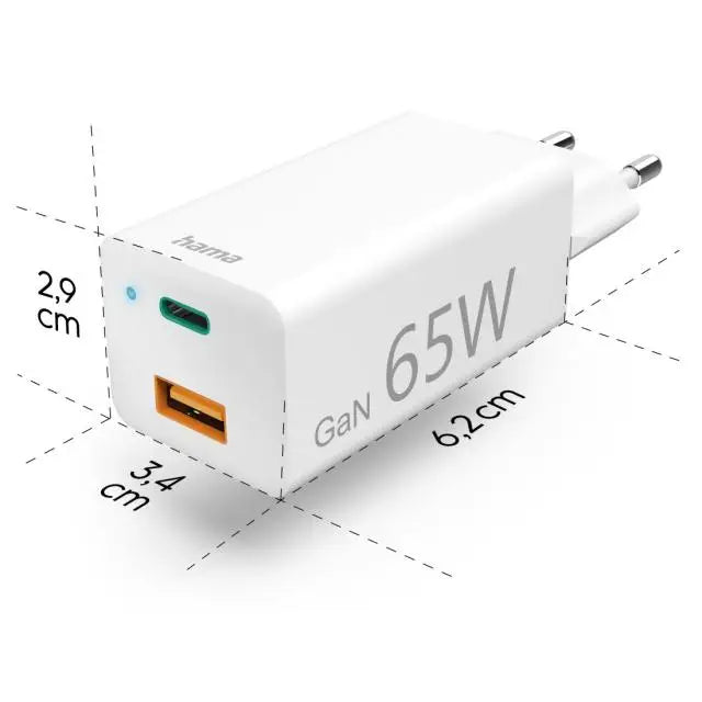 Бързо заряднo HAMA Gan 220V 65W 1x USB-C PD 1x USB-A QC Бял