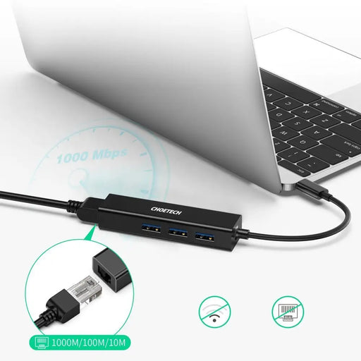 Хъб Choetech U02 USB-C - 3x USB 3.0 RJ45 Gigabit Черен