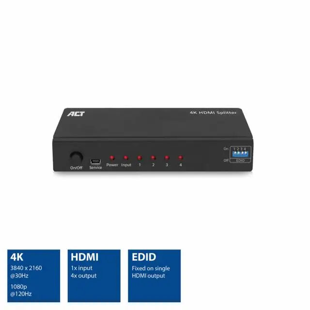 HDMI Сплитер ACT AC7831 1 вход 4 изхода. 4K Черен