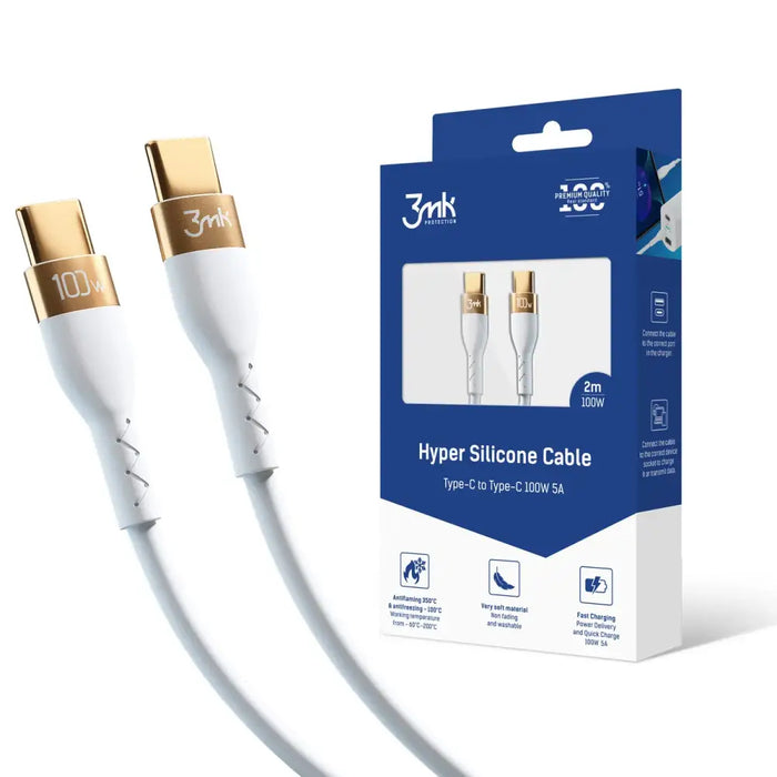 Кабел 3mk Hyper Silicone Cable USB-C / USB-C 100W 2m бял