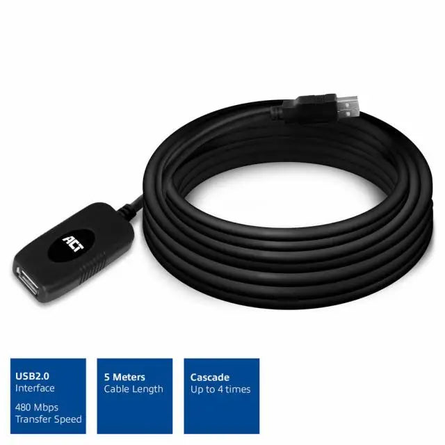 Кабел ACT AC6005 USB-A мъжко - женско 5.0 м 480 Mbps Черен