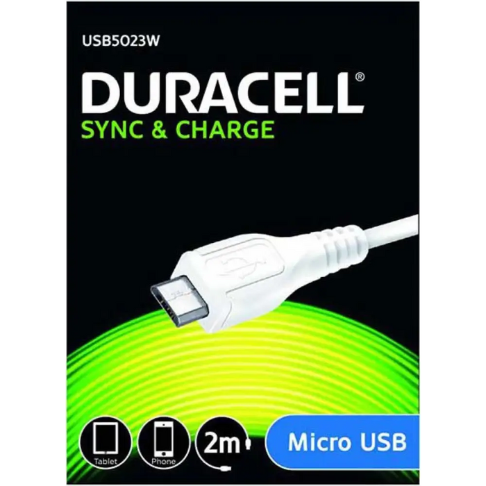 Кабел Duracell 2m sync/charge micro USB бял USB5023W