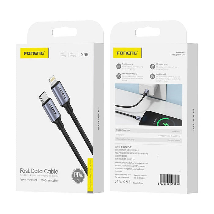 Кабел Foneng PD20W USB-C към Lightning 1.2m сив