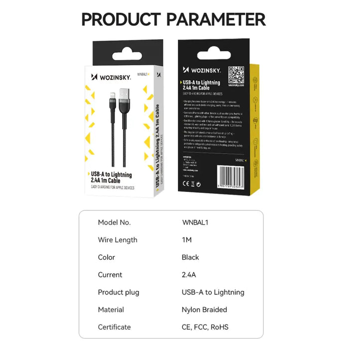 Кабел Wozinsky WNBAL1 USB-A / Lightning 2.4A 1m черен