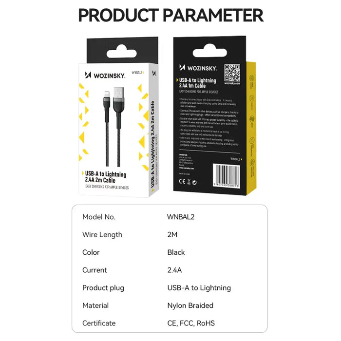 Кабел Wozinsky WNBAL2 USB-A / Lightning 2.4A 2m черен