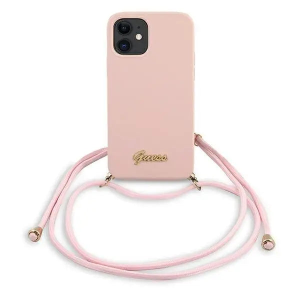 Калъф Guess Metal Logo Cord за iPhone 12 Mini Розов