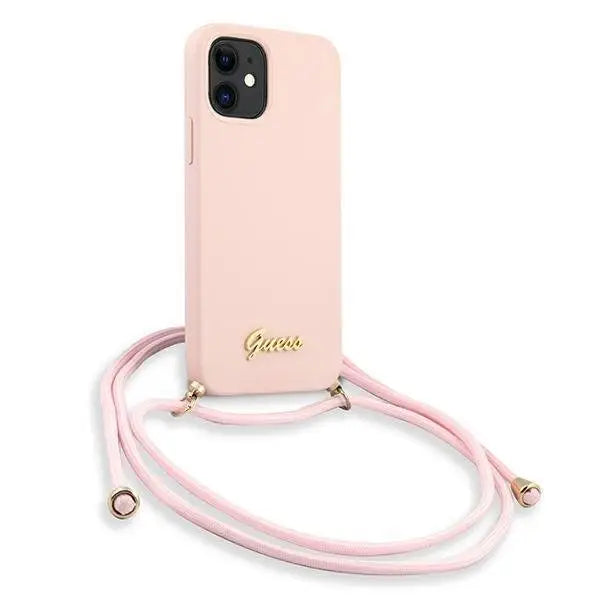 Калъф Guess Metal Logo Cord за iPhone 12 Mini Розов