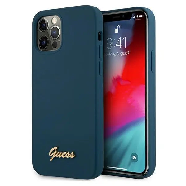 Калъф Guess Metal Logo Script за iPhone 12 Pro Син