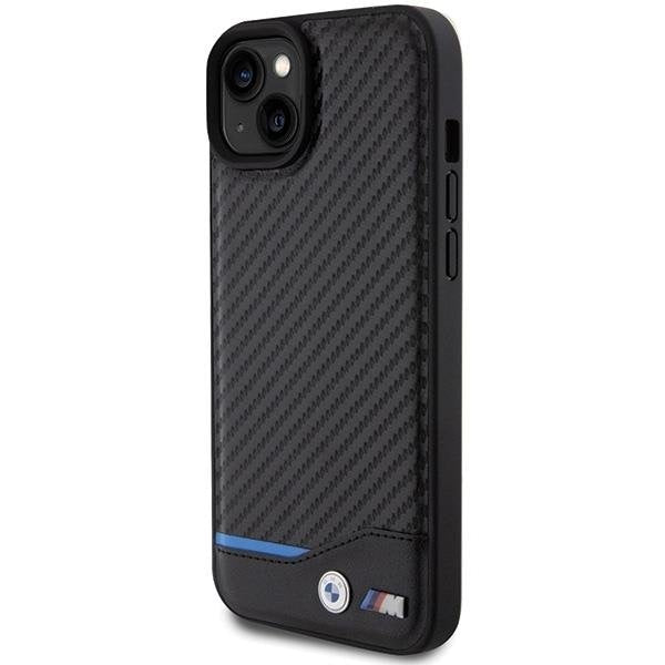 Кейс BMW Leather Carbon за iPhone 15 Plus черен