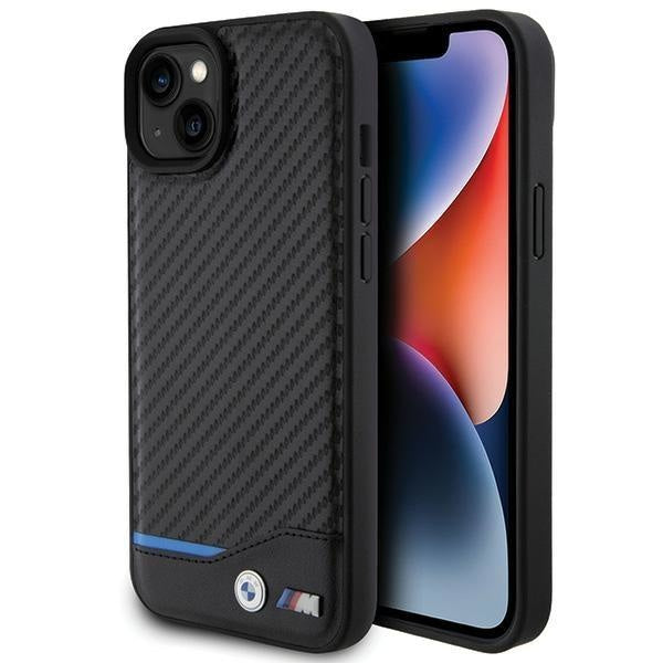 Кейс BMW Leather Carbon за iPhone 15 Plus черен