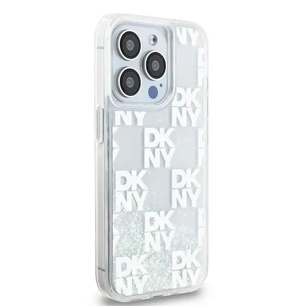 Кейс DKNY Liquid Glitter Multilogo за iPhone 15 Pro бял