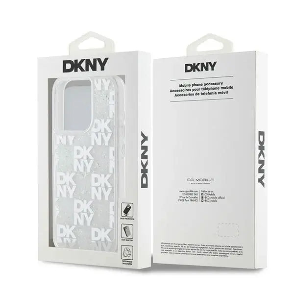 Кейс DKNY Liquid Glitter Multilogo за iPhone 15 Pro бял