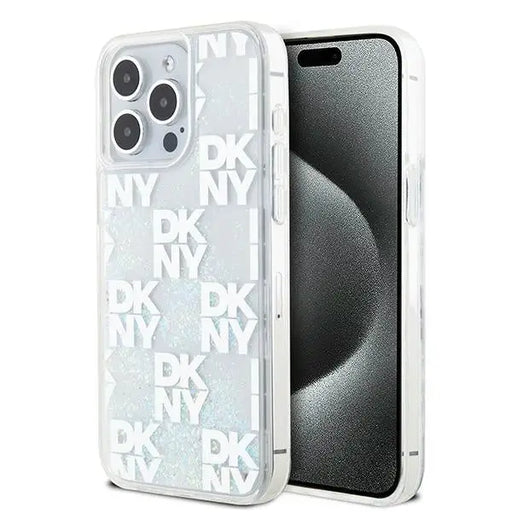 Кейс DKNY Liquid Glitter Multilogo за iPhone 15 Pro Max бял