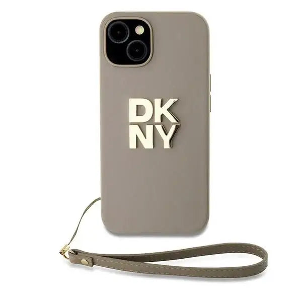 Кейс DKNY Wrist Strap Stock Logo за iPhone 15 Plus бежова