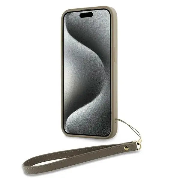 Кейс DKNY Wrist Strap Stock Logo за iPhone 15 Plus бежова