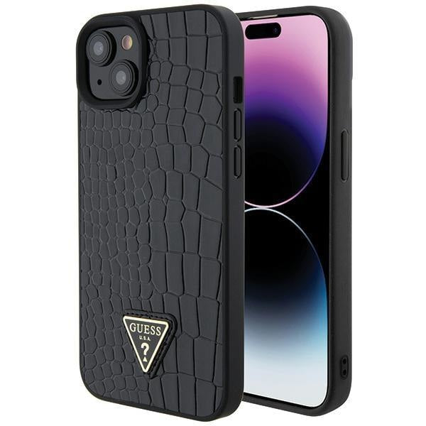 Кейс Guess Croco Triangle Metal Logo за iPhone 15 черен